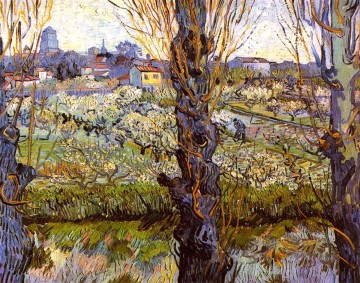 Vincent Van Gogh Painting - Huerto en flor con álamos Vincent van Gogh
